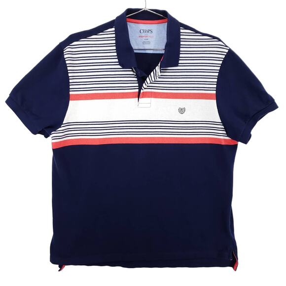 Chaps Polo Mens Large Navy White Coral Red Striped Short Sleeve Pullover Shirt - Picture 1 of 6